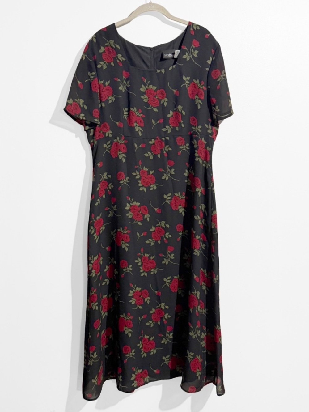 Vintage Sag Harbor Black Red Rose Floral Maxi Dress 14 Whimsigoth 90s